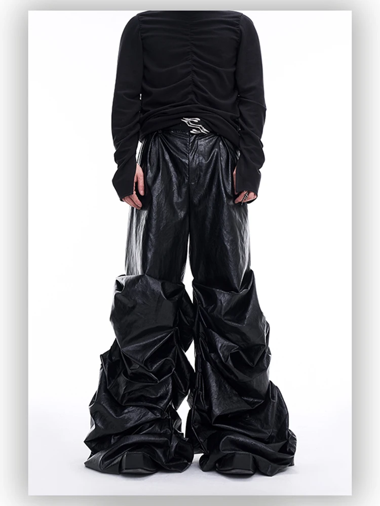 Mauroicardi Spring Autumn Cool Long Baggy Black Soft Pu Leather Wide Leg Stacked Pants Men Mens Designer Clothes Streetwear 2025