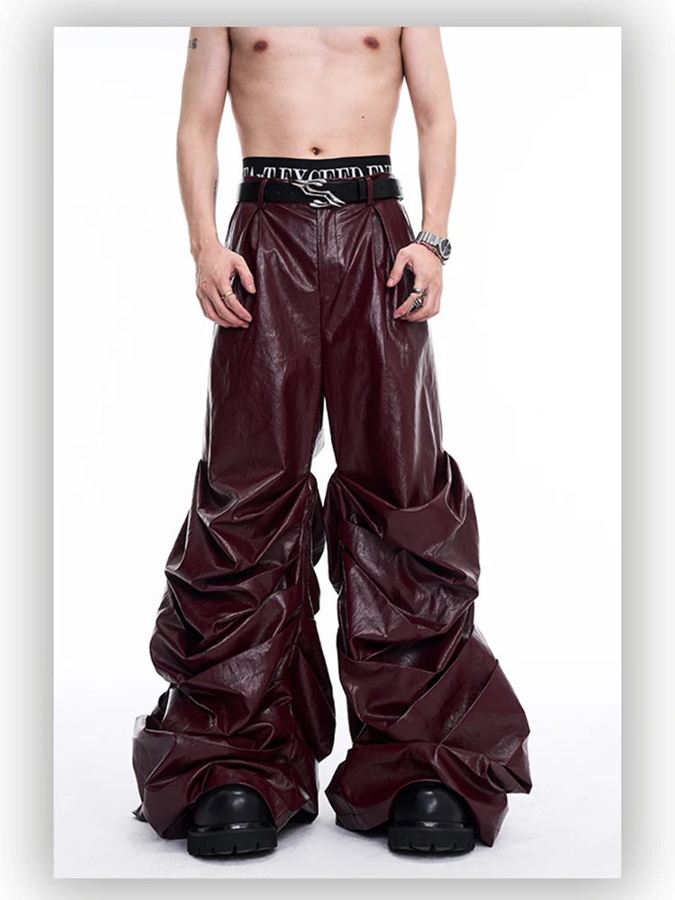Mauroicardi Spring Autumn Cool Long Baggy Black Soft Pu Leather Wide Leg Stacked Pants Men Mens Designer Clothes Streetwear 2025