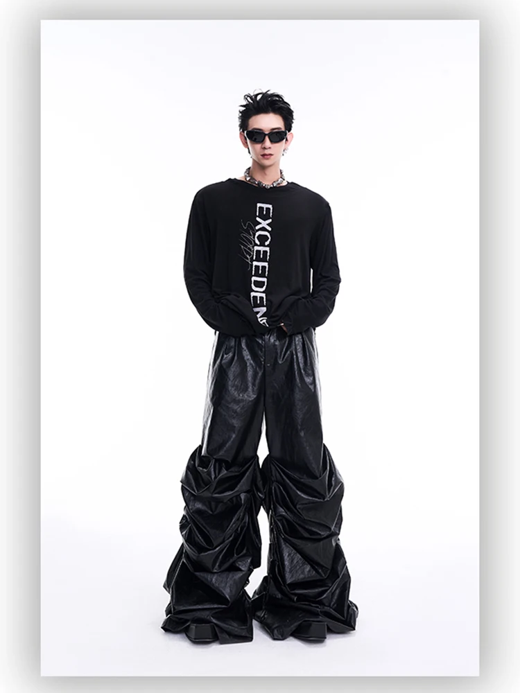 Mauroicardi Spring Autumn Cool Long Baggy Black Soft Pu Leather Wide Leg Stacked Pants Men Mens Designer Clothes Streetwear 2025