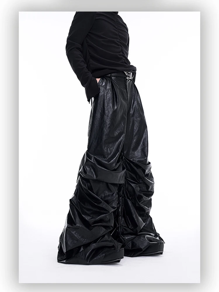 Mauroicardi Spring Autumn Cool Long Baggy Black Soft Pu Leather Wide Leg Stacked Pants Men Mens Designer Clothes Streetwear 2025