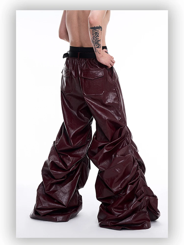 Mauroicardi Spring Autumn Cool Long Baggy Black Soft Pu Leather Wide Leg Stacked Pants Men Mens Designer Clothes Streetwear 2025