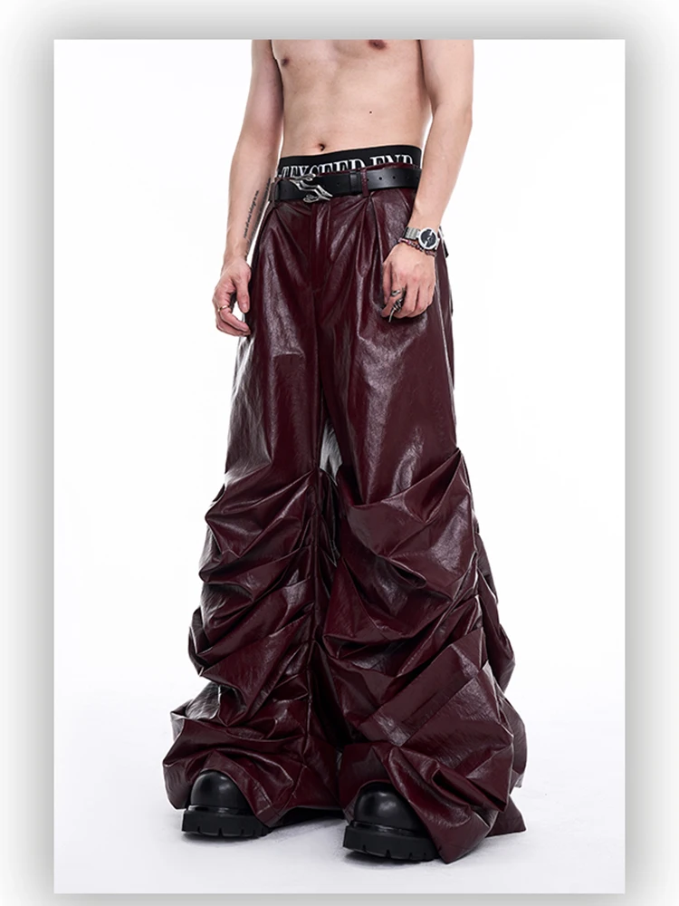 Mauroicardi Spring Autumn Cool Long Baggy Black Soft Pu Leather Wide Leg Stacked Pants Men Mens Designer Clothes Streetwear 2025