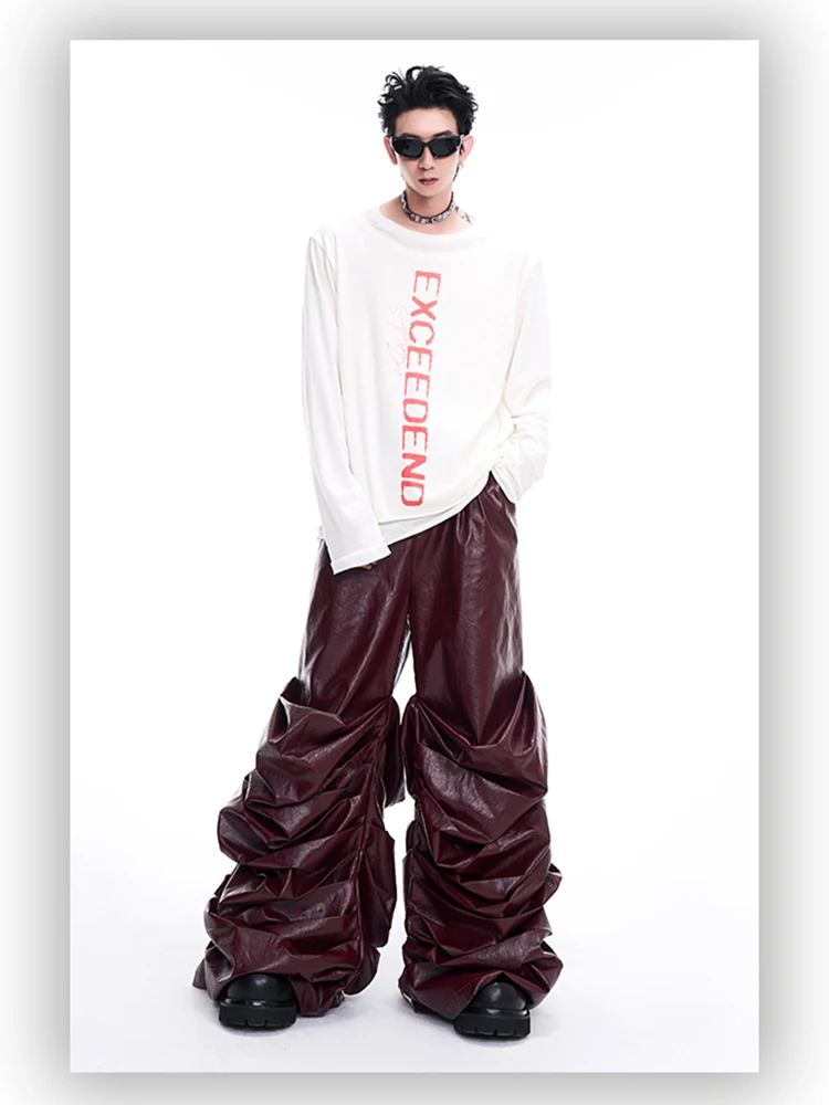 Mauroicardi Spring Autumn Cool Long Baggy Black Soft Pu Leather Wide Leg Stacked Pants Men Mens Designer Clothes Streetwear 2025