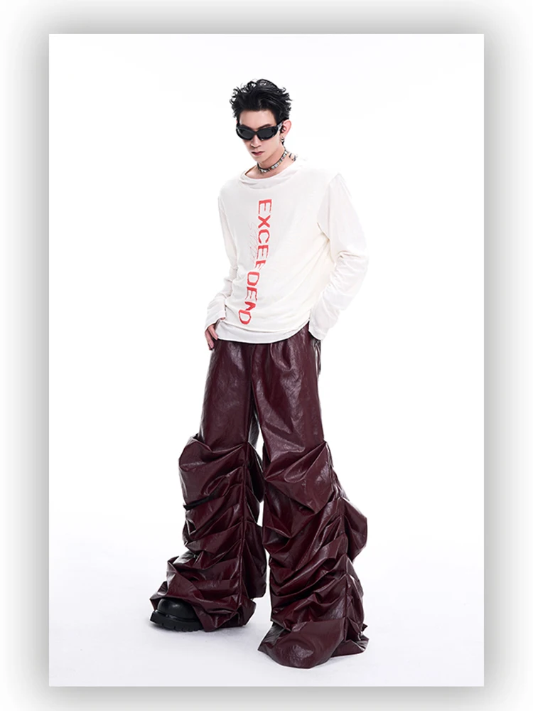 Mauroicardi Spring Autumn Cool Long Baggy Black Soft Pu Leather Wide Leg Stacked Pants Men Mens Designer Clothes Streetwear 2025