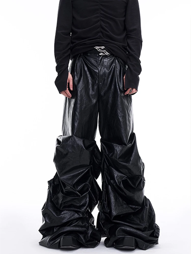 Mauroicardi Spring Autumn Cool Long Baggy Black Soft Pu Leather Wide Leg Stacked Pants Men Mens Designer Clothes Streetwear 2025