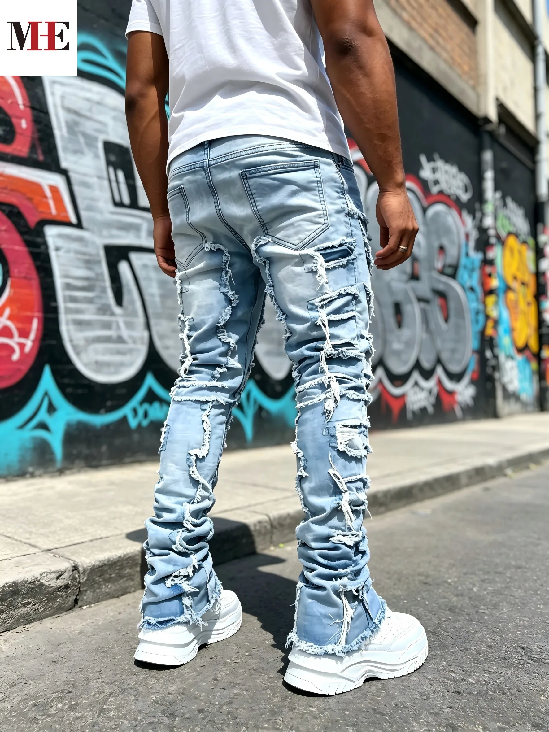 HME Men's High Street Denim Pants, Light Blue Stacked Frayed Flared Jeans for Trendy Looks