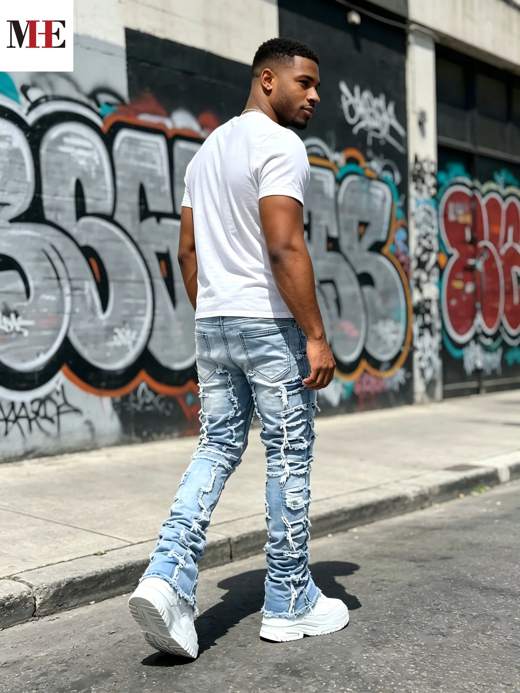 HME Men's High Street Denim Pants, Light Blue Stacked Frayed Flared Jeans for Trendy Looks