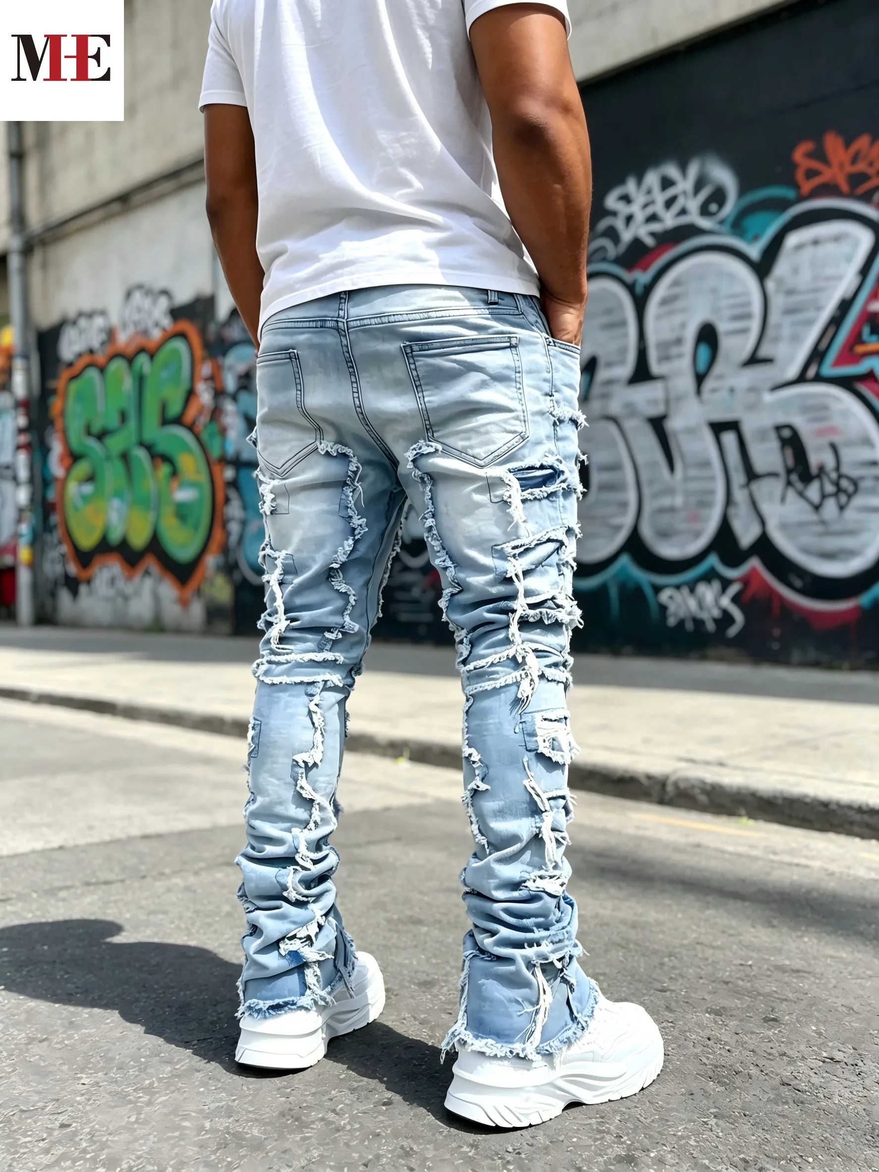 HME Men's High Street Denim Pants, Light Blue Stacked Frayed Flared Jeans for Trendy Looks