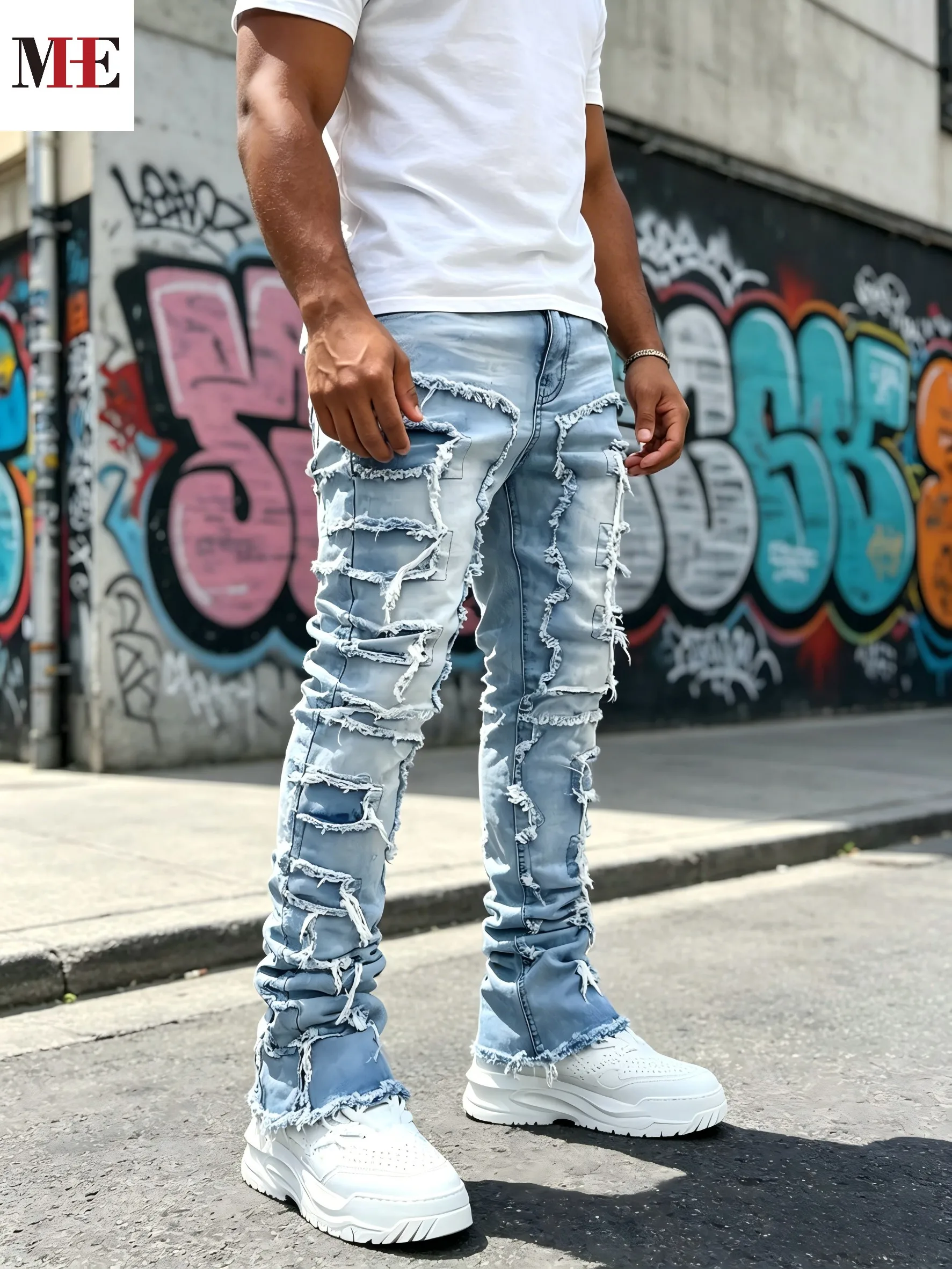 HME Men's High Street Denim Pants, Light Blue Stacked Frayed Flared Jeans for Trendy Looks