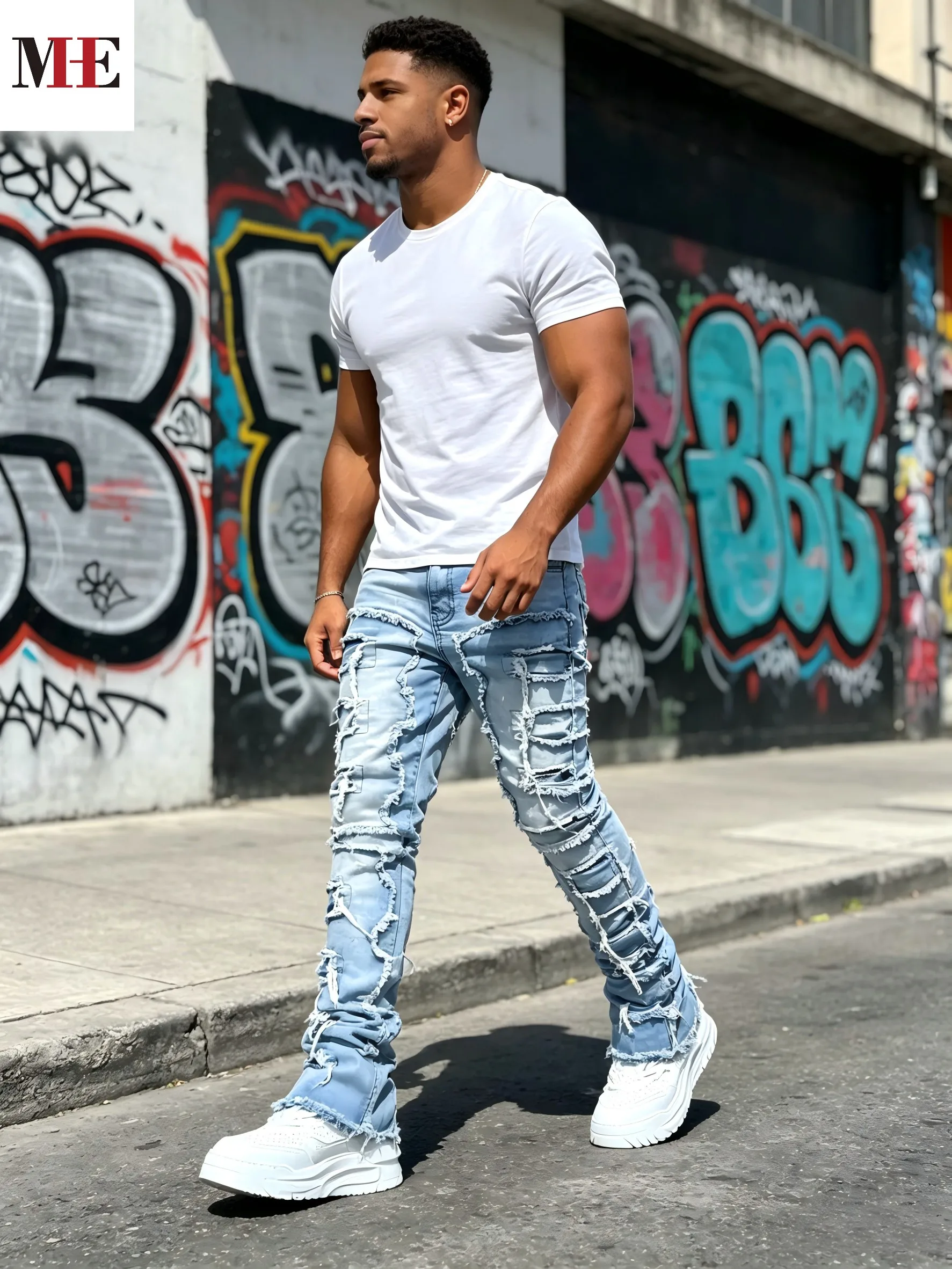 HME Men's High Street Denim Pants, Light Blue Stacked Frayed Flared Jeans for Trendy Looks