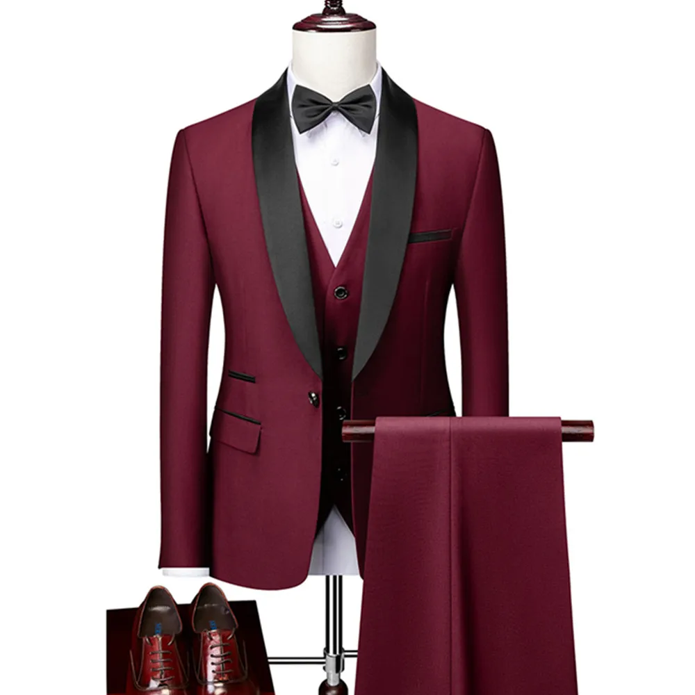 Men's Lapel Black Suit Set Coat Vest Trousers / Business Groomsmen Groom Wedding Dress Fprmal Blazer Pants