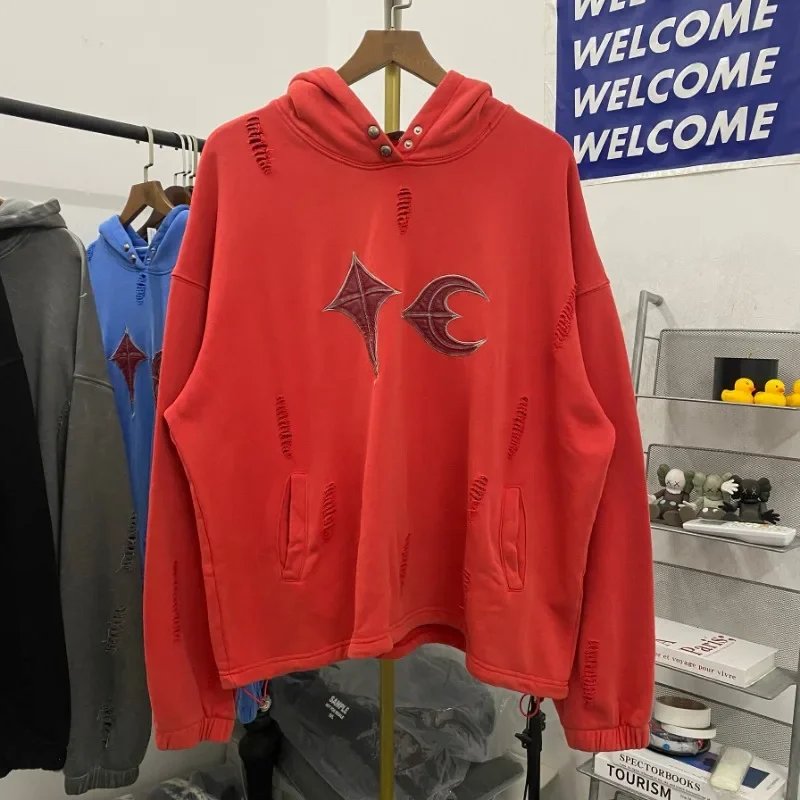 Hip Hop Thug Club Hole Damaged Hoodie Embroidery Red Leather Moon Star Ptach Pattern Sweatshirts Men Women Wash Pullovers Hoody