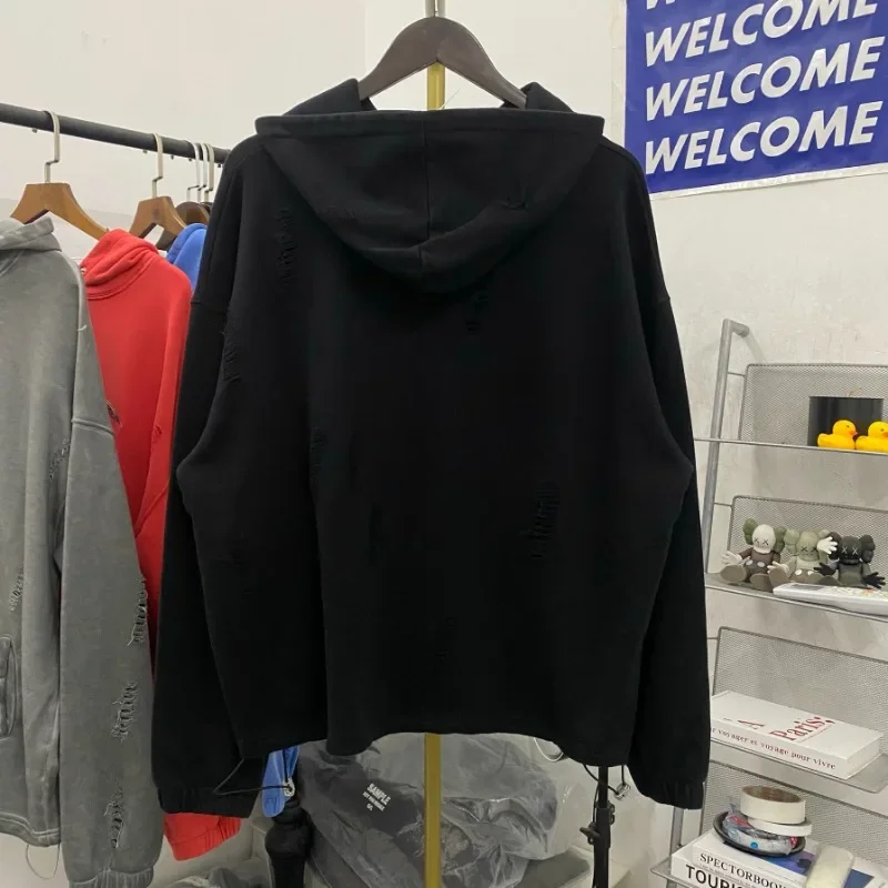 Hip Hop Thug Club Hole Damaged Hoodie Embroidery Red Leather Moon Star Ptach Pattern Sweatshirts Men Women Wash Pullovers Hoody