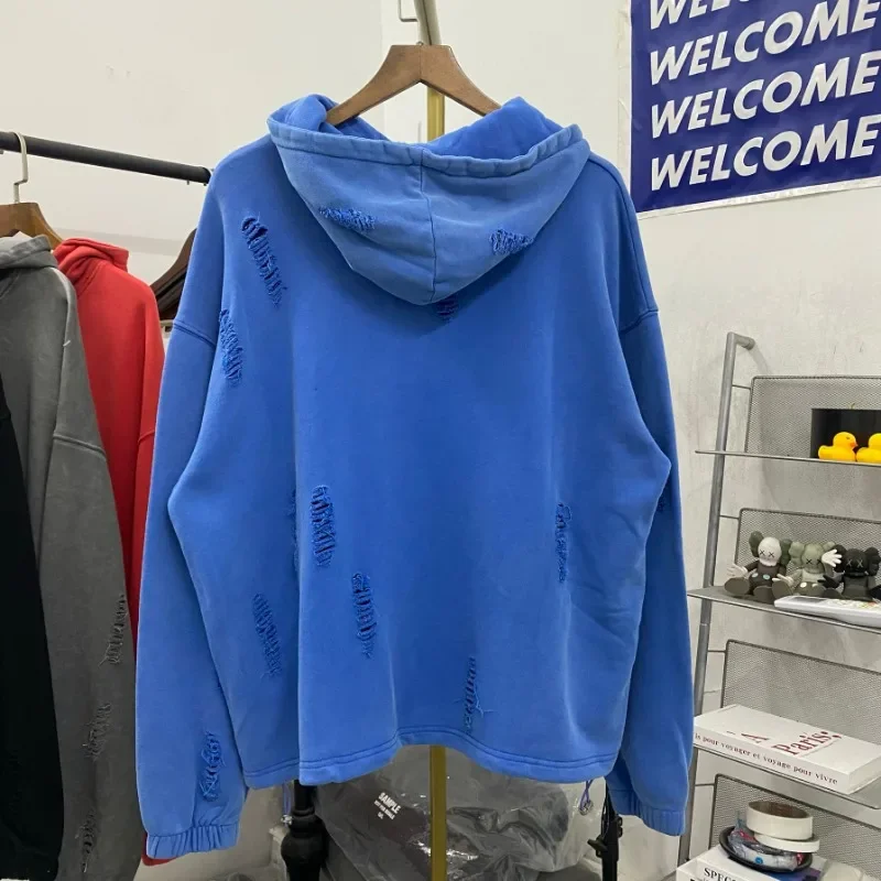 Hip Hop Thug Club Hole Damaged Hoodie Embroidery Red Leather Moon Star Ptach Pattern Sweatshirts Men Women Wash Pullovers Hoody