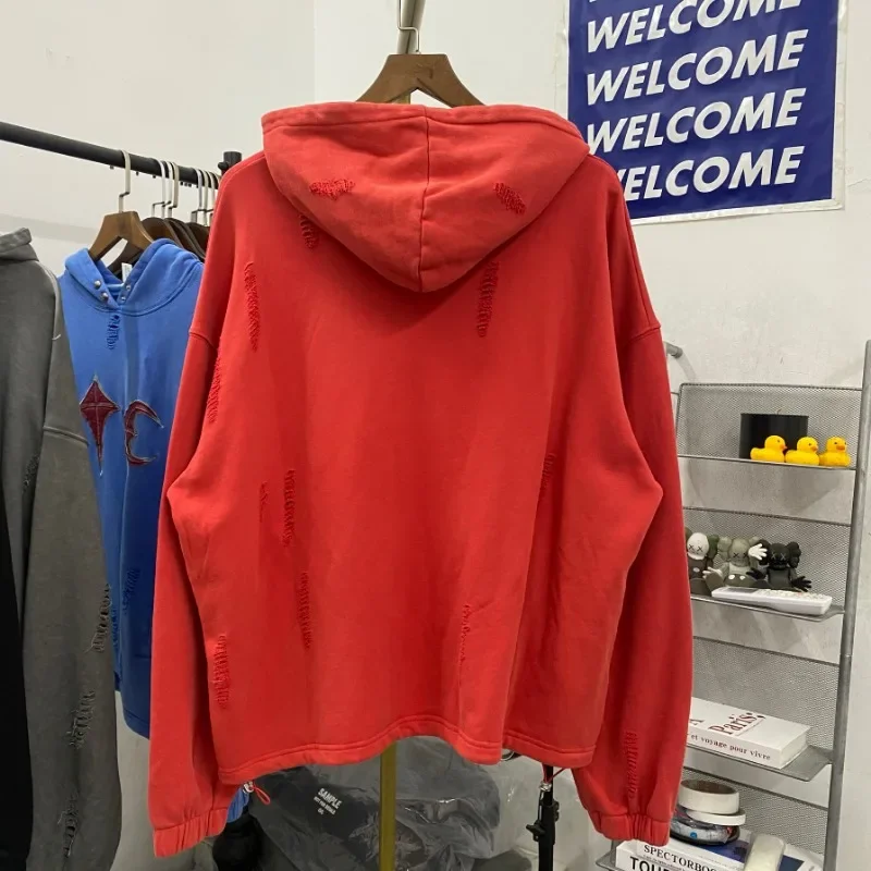 Hip Hop Thug Club Hole Damaged Hoodie Embroidery Red Leather Moon Star Ptach Pattern Sweatshirts Men Women Wash Pullovers Hoody