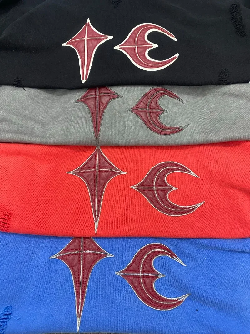 Hip Hop Thug Club Hole Damaged Hoodie Embroidery Red Leather Moon Star Ptach Pattern Sweatshirts Men Women Wash Pullovers Hoody