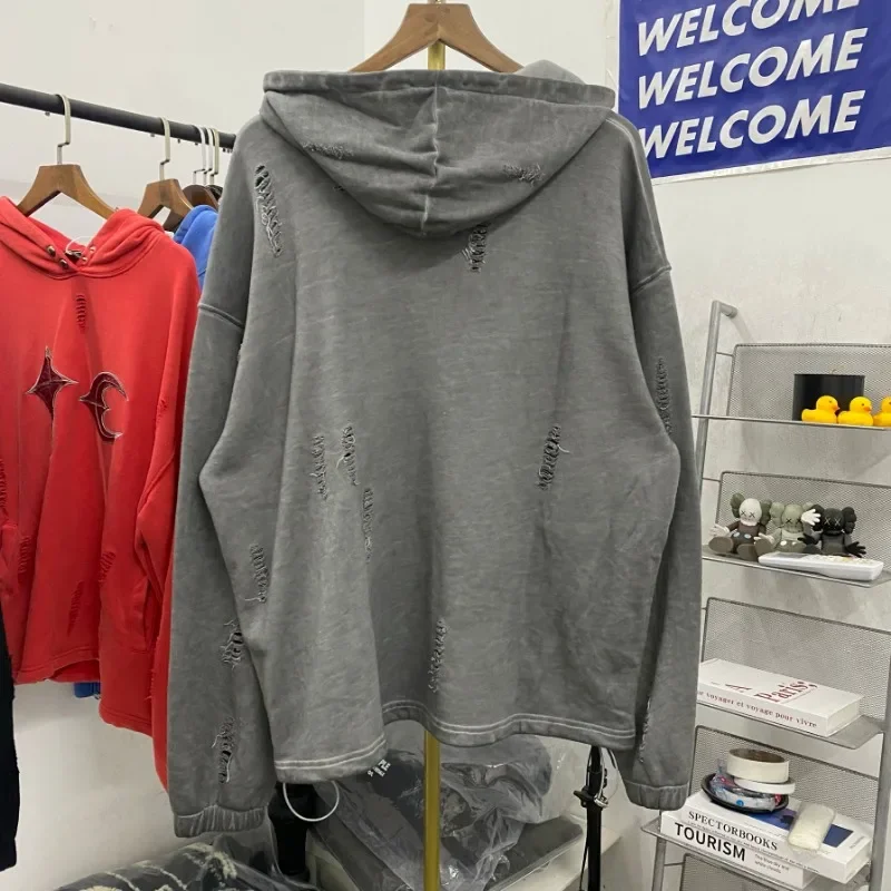 Hip Hop Thug Club Hole Damaged Hoodie Embroidery Red Leather Moon Star Ptach Pattern Sweatshirts Men Women Wash Pullovers Hoody
