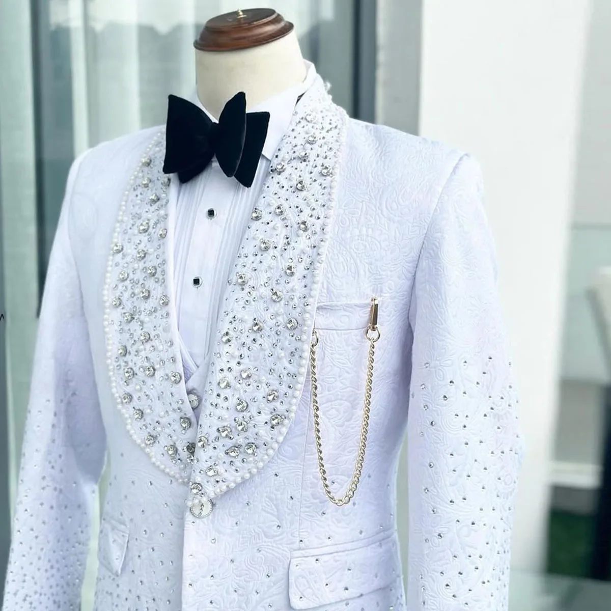 Luxury Diamond Men Suits 2 Pieces Sets Diamond Ropa Hombre Shawl Collar Groom Tuxedos Male Party Prom Blazer Customized
