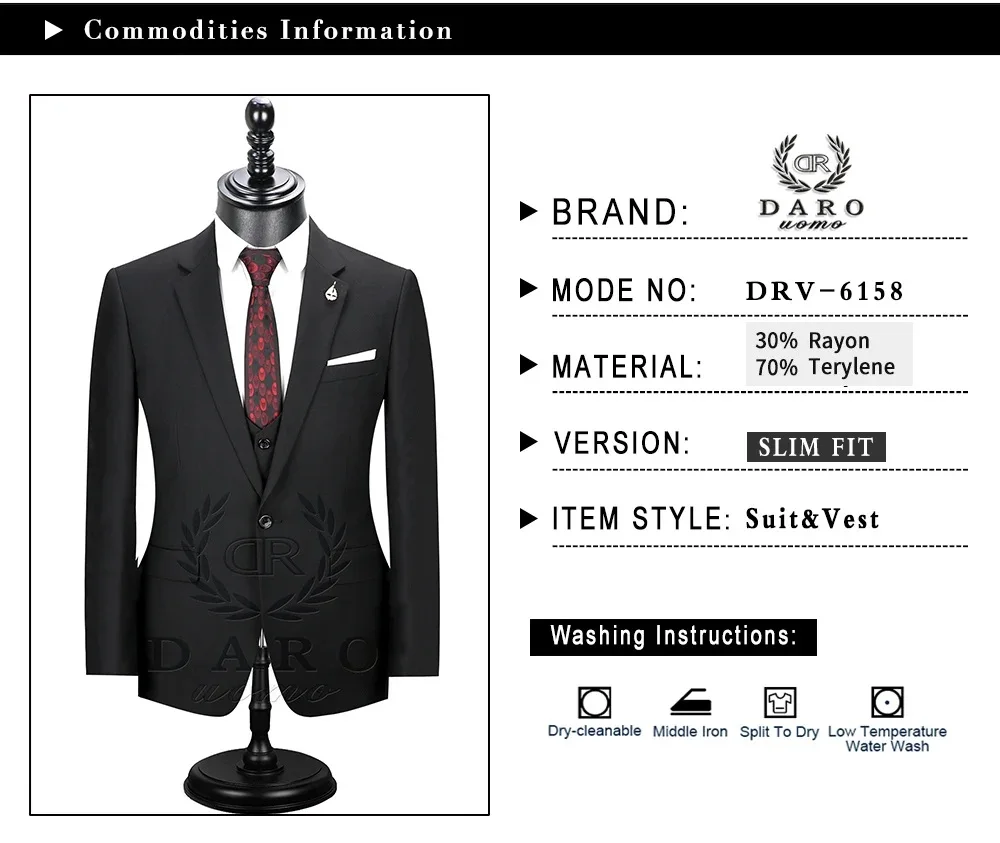 2026 DR DARO UOMO Men Suits Slim Fit for Business Work and Wedding Wear 3Pcs Set DRV6158
