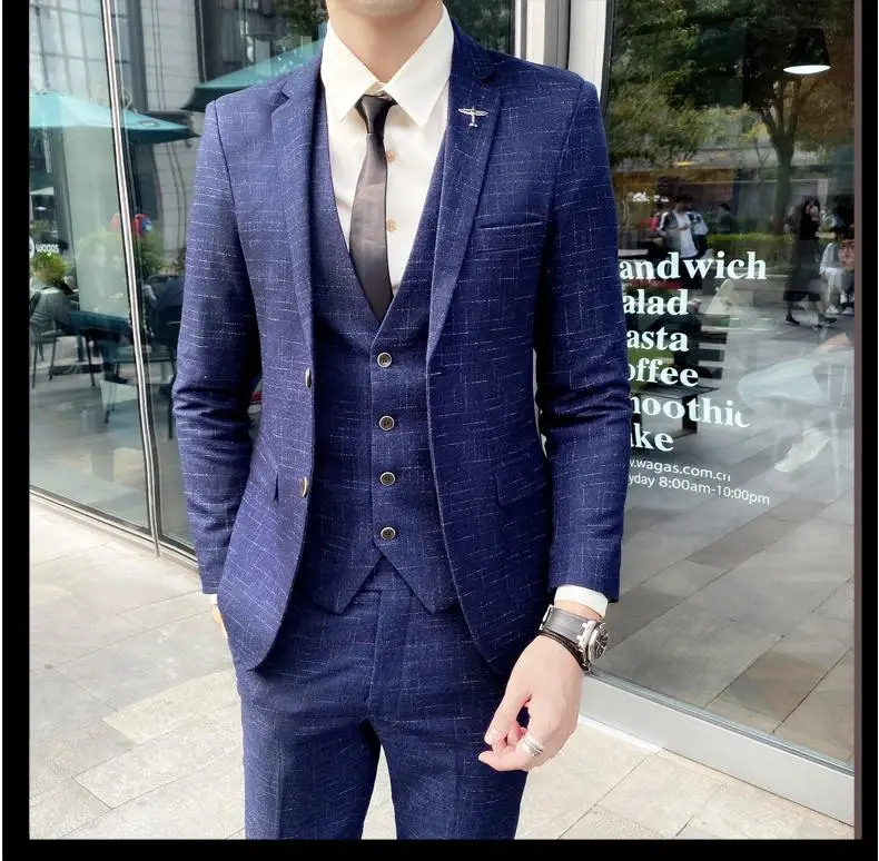 Men's British Fashion Three-piece Set Slim Fit Suit Vest Trousers Ensemble Handsome Trendy All-in-one Banquet Blaze