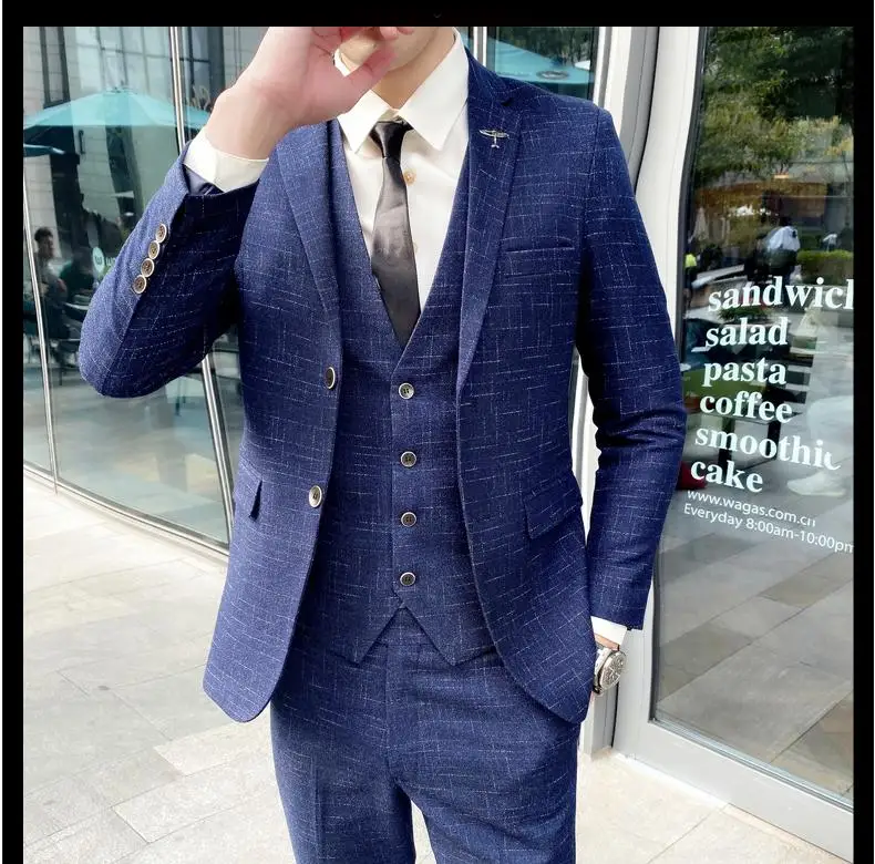 Men's British Fashion Three-piece Set Slim Fit Suit Vest Trousers Ensemble Handsome Trendy All-in-one Banquet Blaze