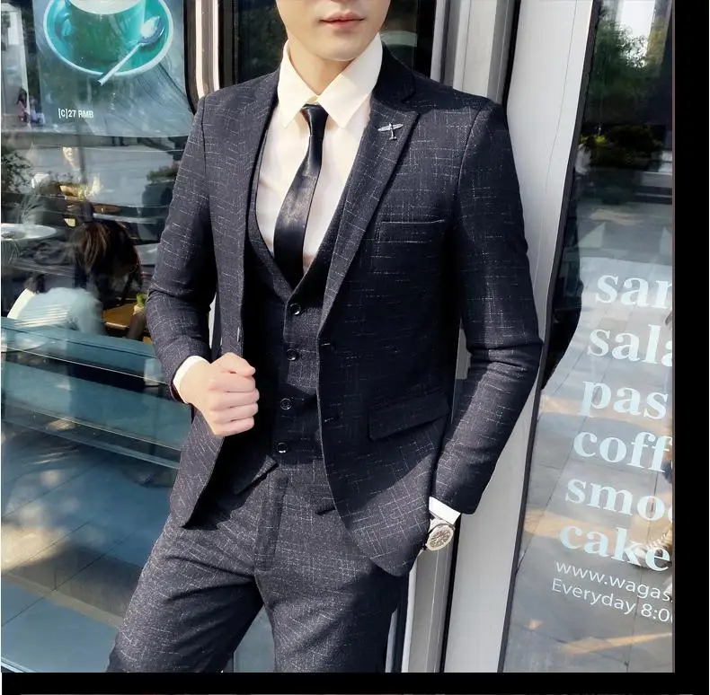 Men's British Fashion Three-piece Set Slim Fit Suit Vest Trousers Ensemble Handsome Trendy All-in-one Banquet Blaze