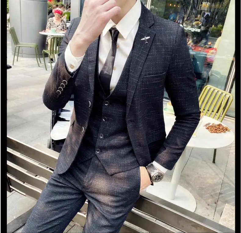 Men's British Fashion Three-piece Set Slim Fit Suit Vest Trousers Ensemble Handsome Trendy All-in-one Banquet Blaze