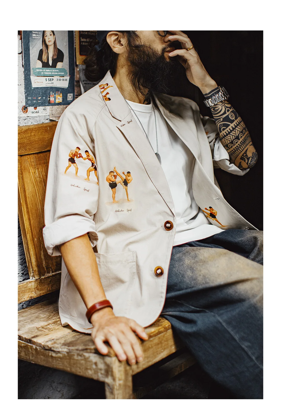 Maden Men's Vintage Print Blazer Pure Cotton Long Sleeve Notched Collar Casual Dress Shirt  Loose Fit Single-Breasted Jacket