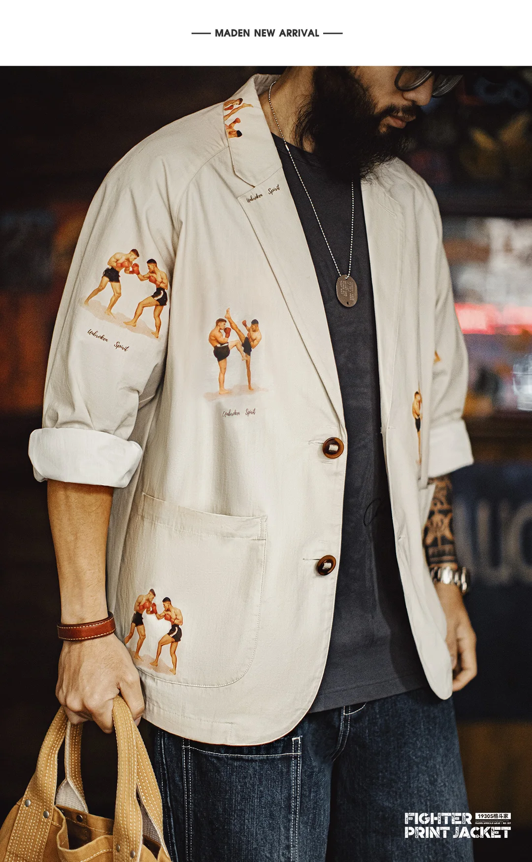 Maden Men's Vintage Print Blazer Pure Cotton Long Sleeve Notched Collar Casual Dress Shirt  Loose Fit Single-Breasted Jacket