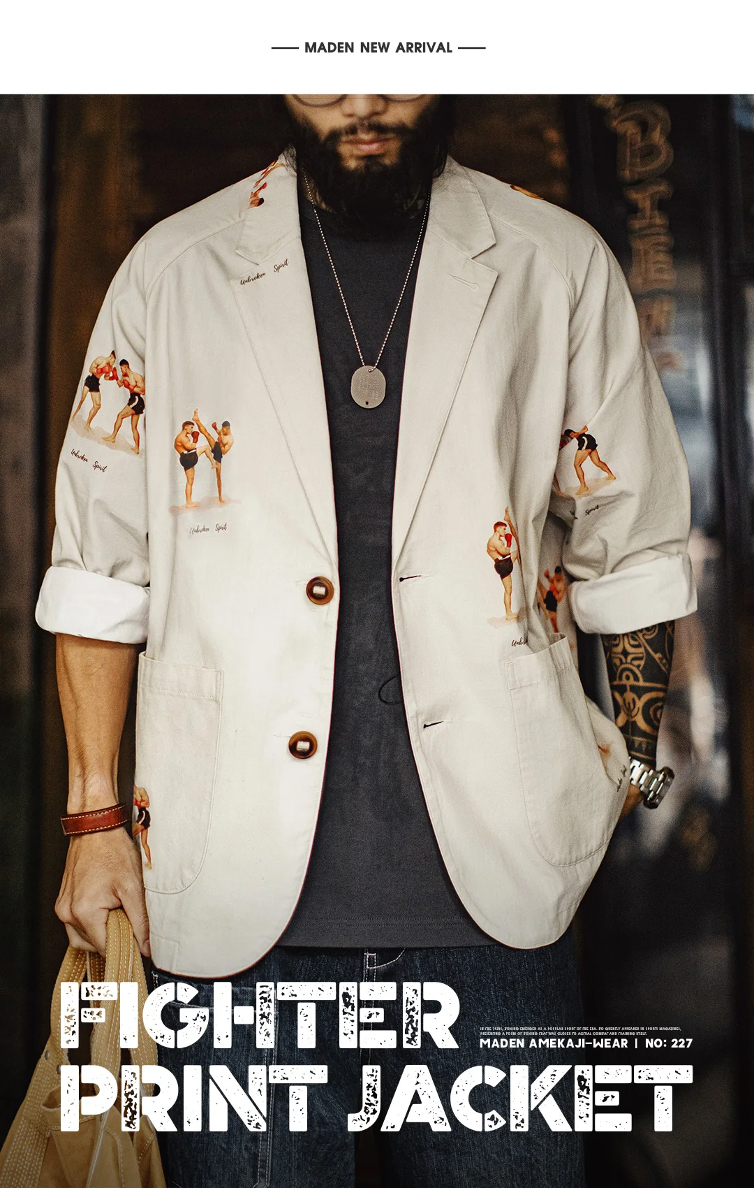Maden Men's Vintage Print Blazer Pure Cotton Long Sleeve Notched Collar Casual Dress Shirt  Loose Fit Single-Breasted Jacket