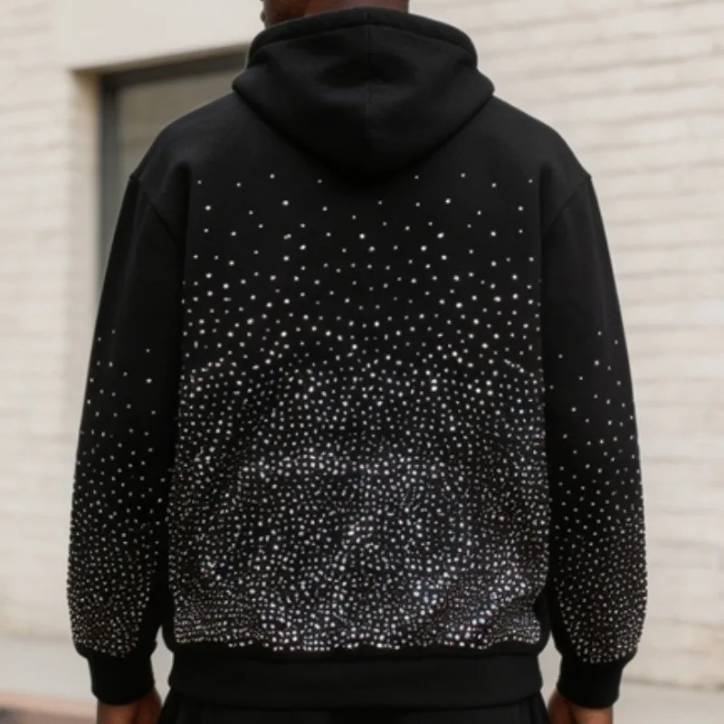 Full Hotfix Rhinestone SATOSHI Hoodie American High Street Classic Letter Print Retro Black Fleece Hooded Sweatshirt Men Women