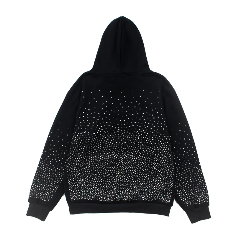 Full Hotfix Rhinestone SATOSHI Hoodie American High Street Classic Letter Print Retro Black Fleece Hooded Sweatshirt Men Women