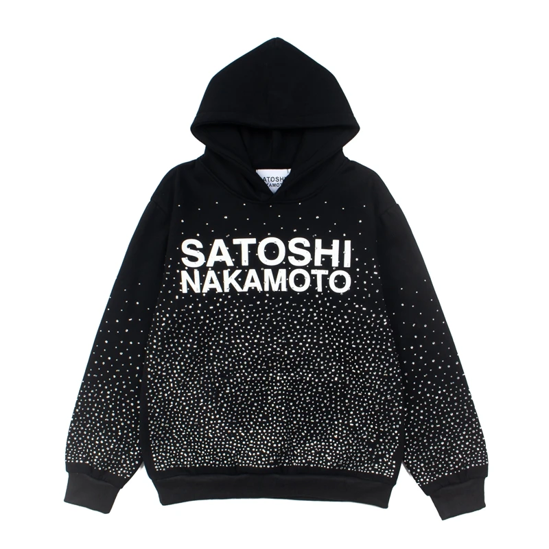 Full Hotfix Rhinestone SATOSHI Hoodie American High Street Classic Letter Print Retro Black Fleece Hooded Sweatshirt Men Women