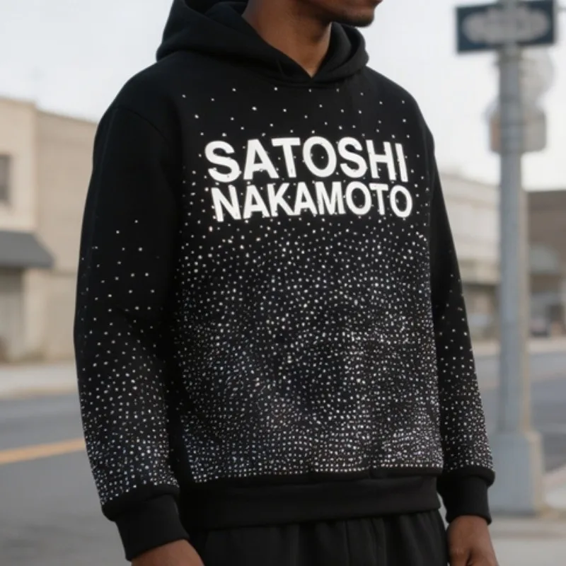 Full Hotfix Rhinestone SATOSHI Hoodie American High Street Classic Letter Print Retro Black Fleece Hooded Sweatshirt Men Women