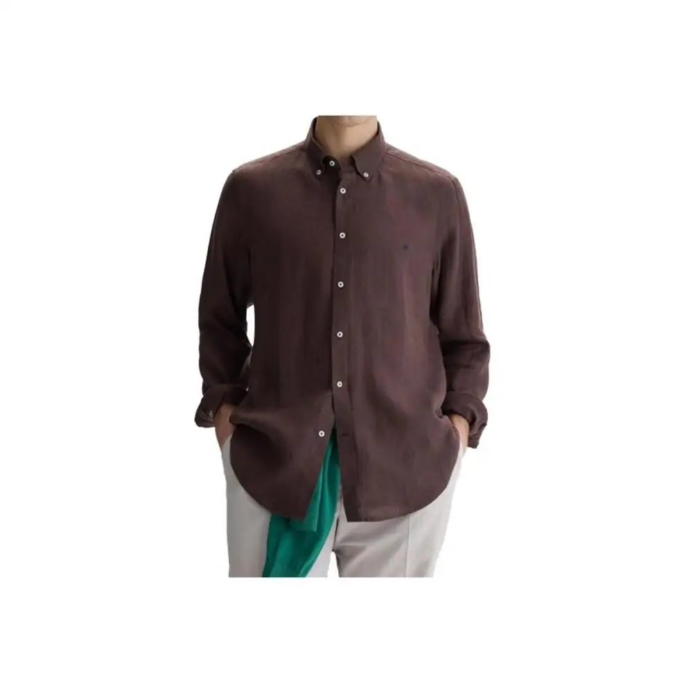 PG Men Linen Button Down Collar Shirt Long Sleeve Solid Color Mini Embroidery Logo Breathable Casual Business Daily Wear