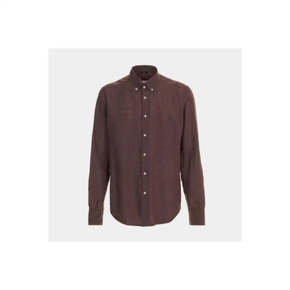 PG Men Linen Button Down Collar Shirt Long Sleeve Solid Color Mini Embroidery Logo Breathable Casual Business Daily Wear