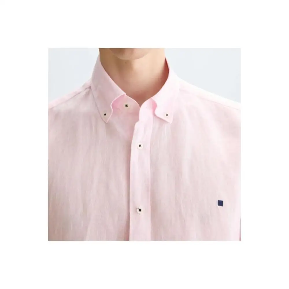 PG Men Linen Button Down Collar Shirt Long Sleeve Solid Color Mini Embroidery Logo Breathable Casual Business Daily Wear