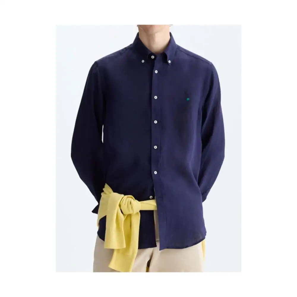 PG Men Linen Button Down Collar Shirt Long Sleeve Solid Color Mini Embroidery Logo Breathable Casual Business Daily Wear