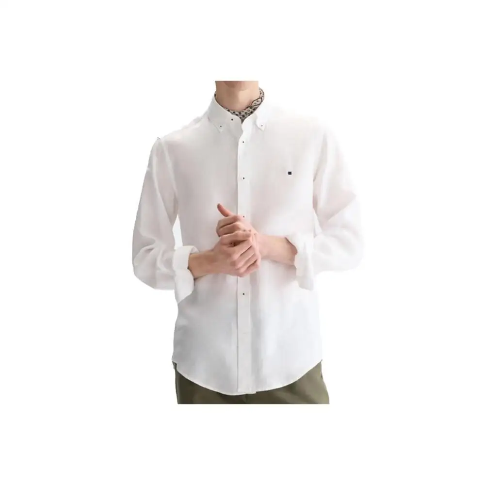 PG Men Linen Button Down Collar Shirt Long Sleeve Solid Color Mini Embroidery Logo Breathable Casual Business Daily Wear