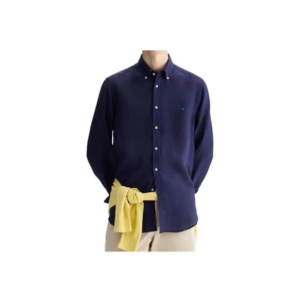 PG Men Linen Button Down Collar Shirt Long Sleeve Solid Color Mini Embroidery Logo Breathable Casual Business Daily Wear