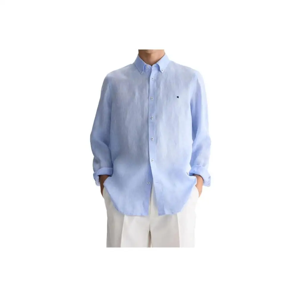 PG Men Linen Button Down Collar Shirt Long Sleeve Solid Color Mini Embroidery Logo Breathable Casual Business Daily Wear