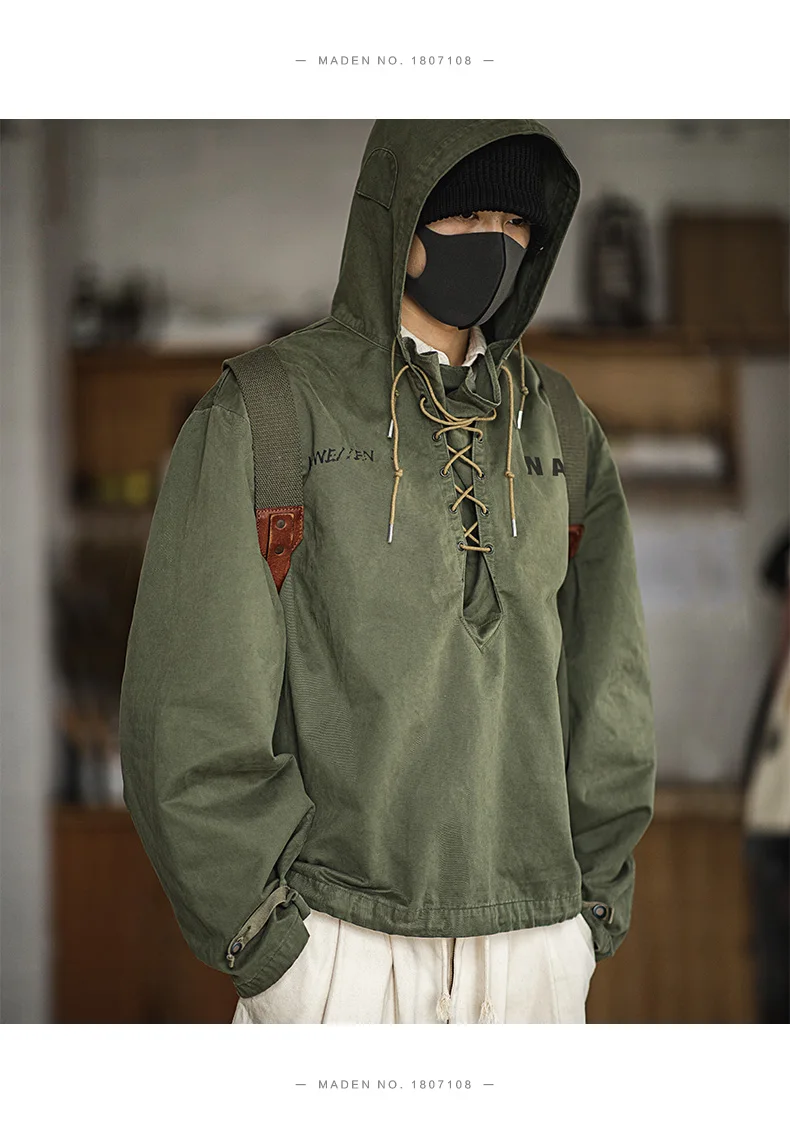 Maden Retro Green Deck Jacket Hooded Sweatshirt wtih Drawstring Collar Cuffs Adjustable Design Windbreaker Pullover for Men