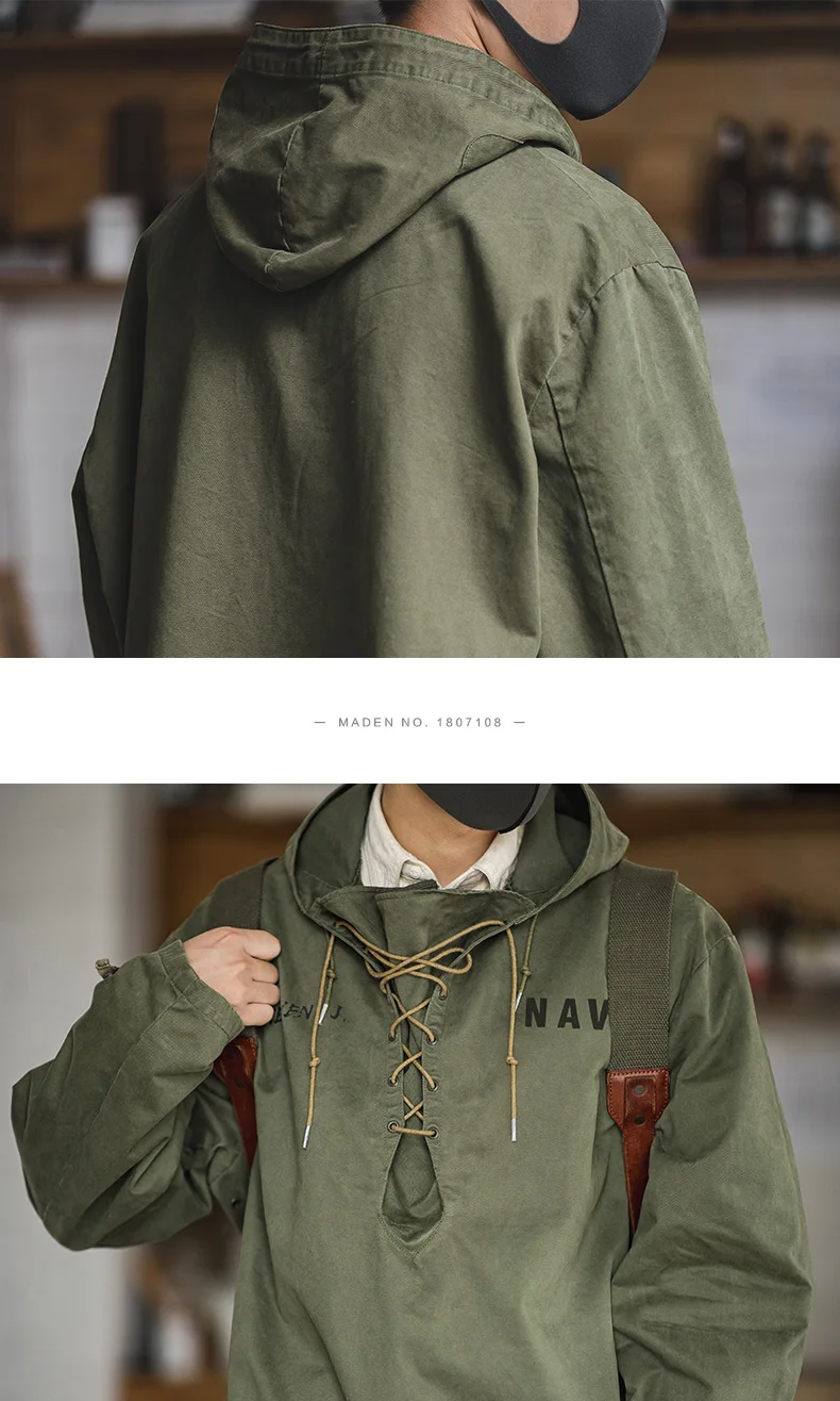 Maden Retro Green Deck Jacket Hooded Sweatshirt wtih Drawstring Collar Cuffs Adjustable Design Windbreaker Pullover for Men