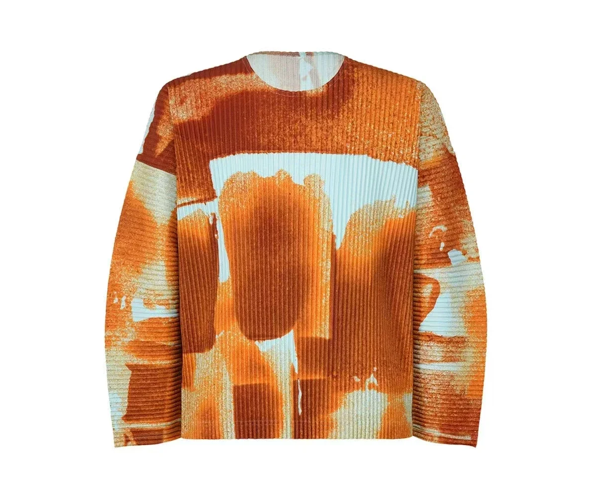 Miyake Pleated Men's Long-Sleeve T-Shirt 2026 New Top Casual Fashion Wear Vacation Attire Minimalist Loose Straight-Leg Pants