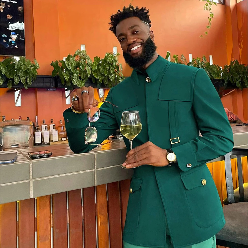 Green Fashion Utility Wedding Men Suits Tailor-Made Party Tuxedo 2 Pieces Slim Fit Jacket Pants Blazer Party Singer Groom