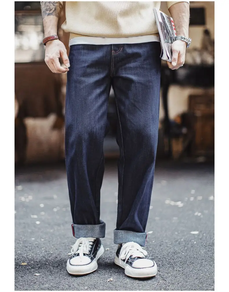 Maden Men's 100% Cotton Vintage Selvedge Raw Denim Jeans with Horse Hair Leather Patch Straight Trousers for Spring Fall Pants