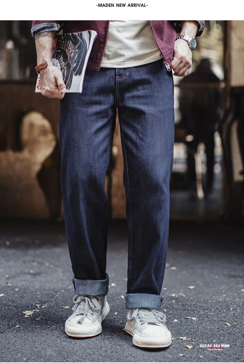 Maden Men's 100% Cotton Vintage Selvedge Raw Denim Jeans with Horse Hair Leather Patch Straight Trousers for Spring Fall Pants