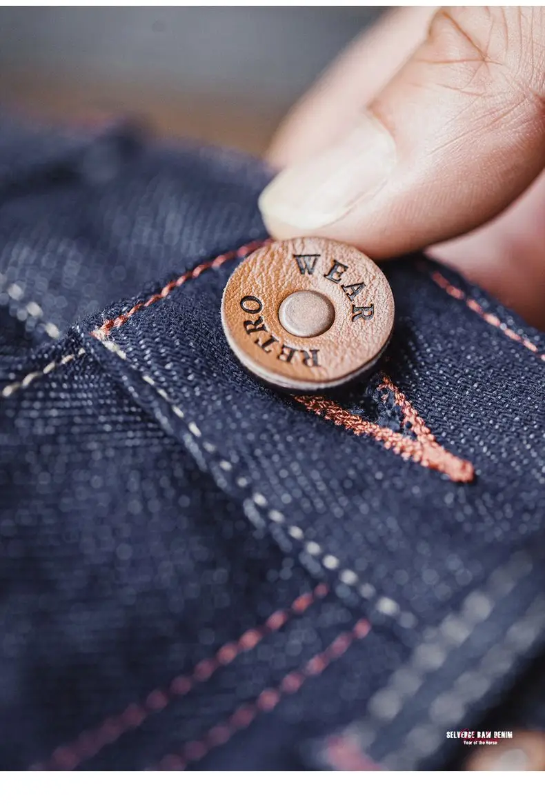 Maden Men's 100% Cotton Vintage Selvedge Raw Denim Jeans with Horse Hair Leather Patch Straight Trousers for Spring Fall Pants