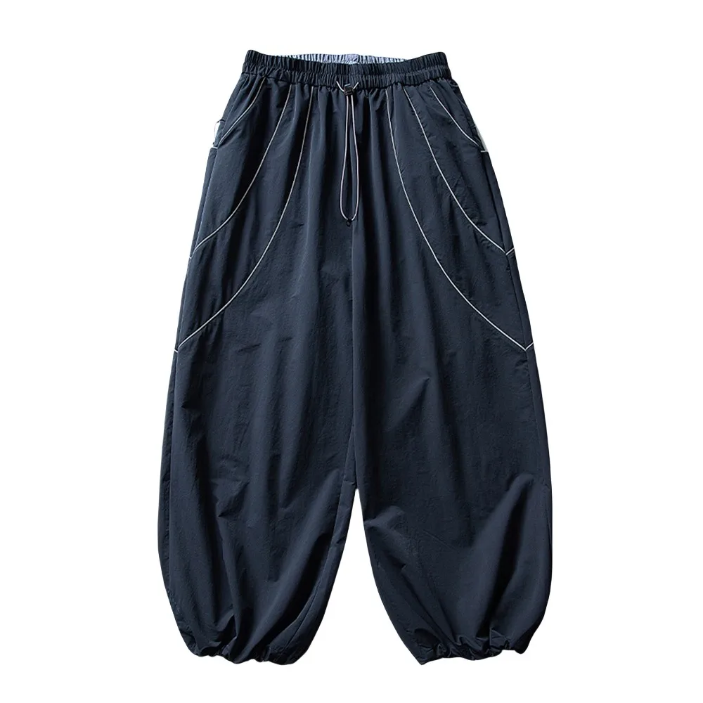 Embroidery Spliced Jogger Pants Mens Safari Style Elastic Waist Baggy Wide Leg Quick Dry Trousers Man