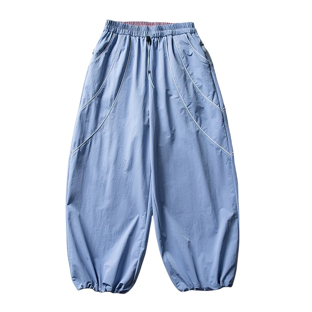 Embroidery Spliced Jogger Pants Mens Safari Style Elastic Waist Baggy Wide Leg Quick Dry Trousers Man